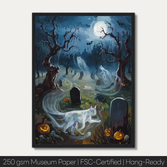 "Ghostly cats roam a moonlit graveyard, Feline Whispers framed poster evokes eerie grace and mystery under a full moon."