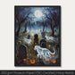 "Ghostly Canine Spirits Halloween Poster with Dogs in Graveyard"