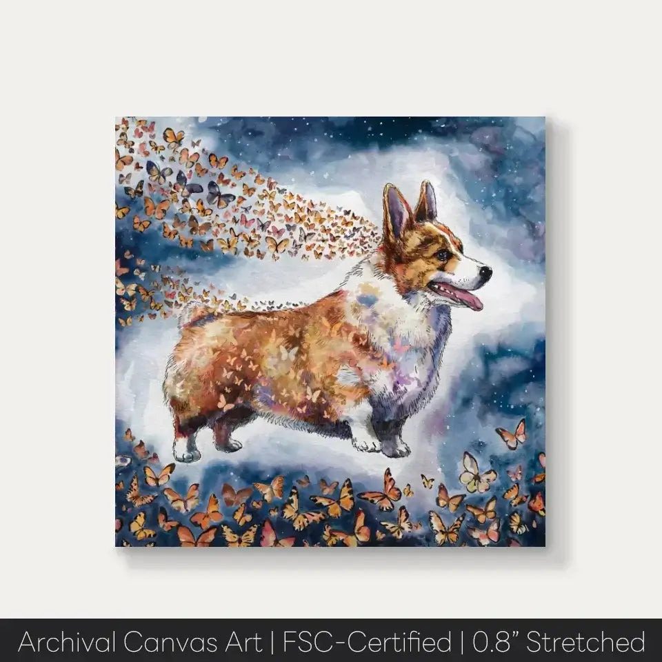 Welsh Corgi watercolor painting on canvas with butterflies, capturing playful nature and vibrant colors, "Wings of Life Series".