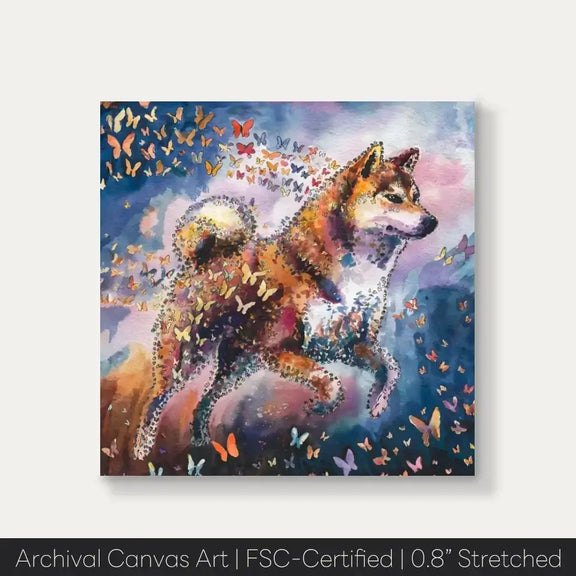 Shiba Inu watercolor canvas art with butterflies, capturing the breed's spirit and life movement in vibrant colors.