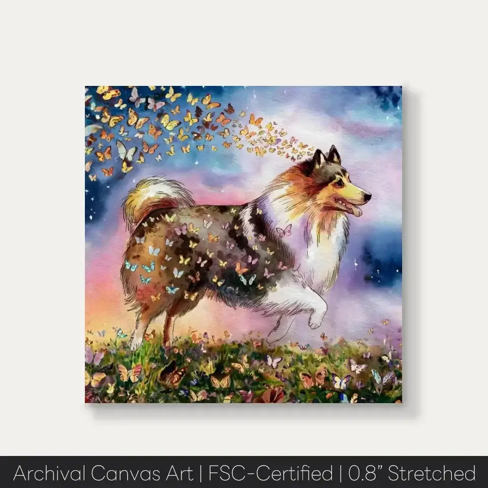 Shetland Sheepdog watercolor canvas with butterflies, part of "Wings of Life Series." Perfect for pet lovers' home decor or gifts.