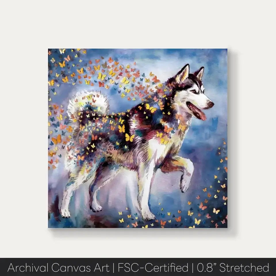 Siberian Husky watercolor canvas with butterflies, showcasing the breed's spirit in vibrant colors, perfect for home decor or gifts.