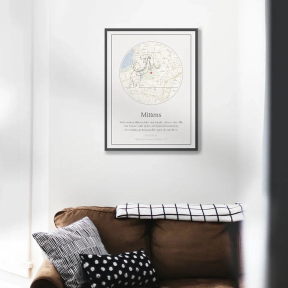 Custom cat journey map art in living room showcasing Mittens' adventures for a cat mom or dad.