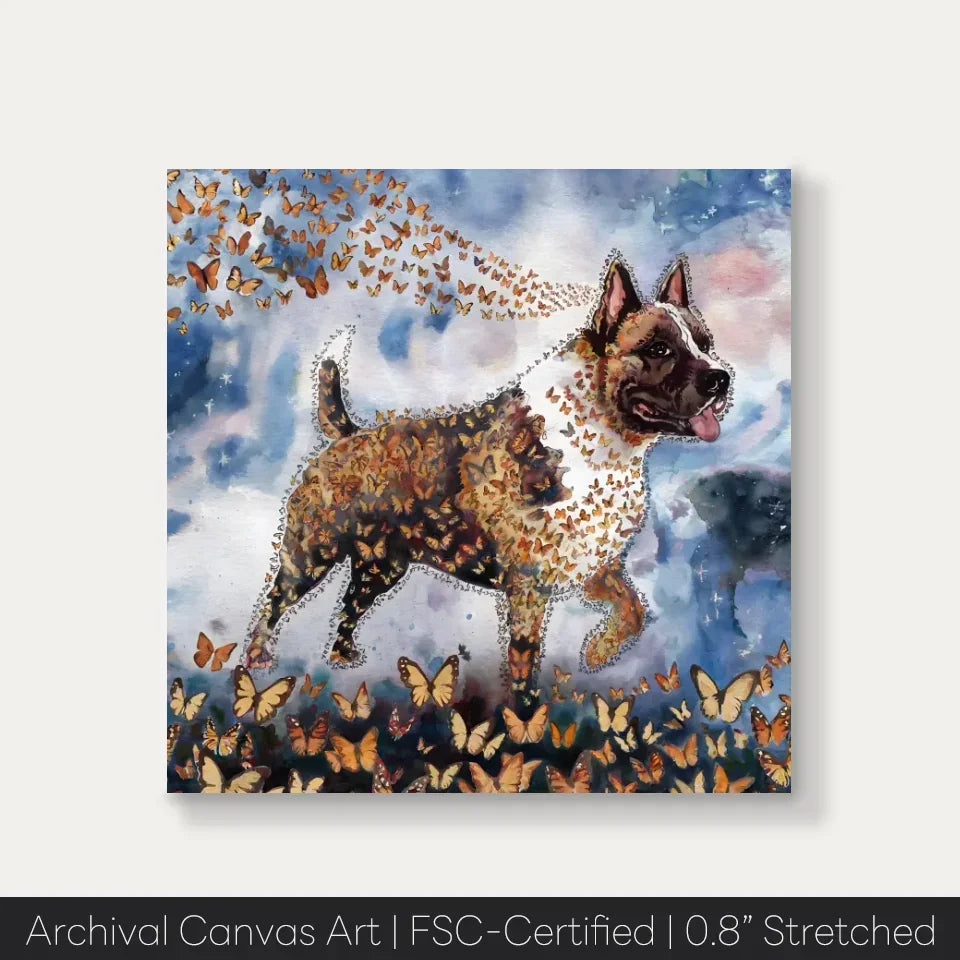 American Staffordshire Terrier watercolor painting with butterflies from Wings of Life Series on archival canvas.