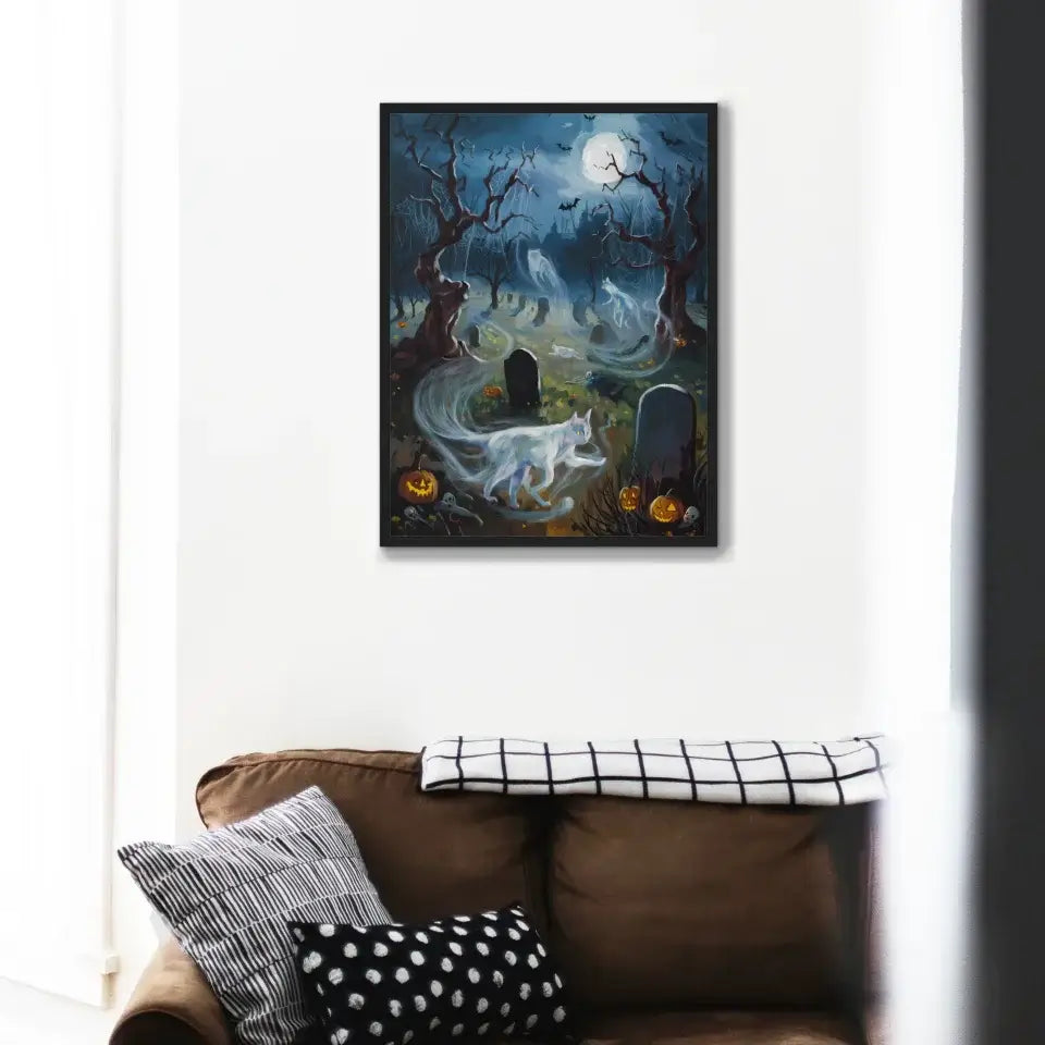 "Feline Whispers framed poster with ghostly cats among tombstones on a Halloween night, enhancing living room decor."