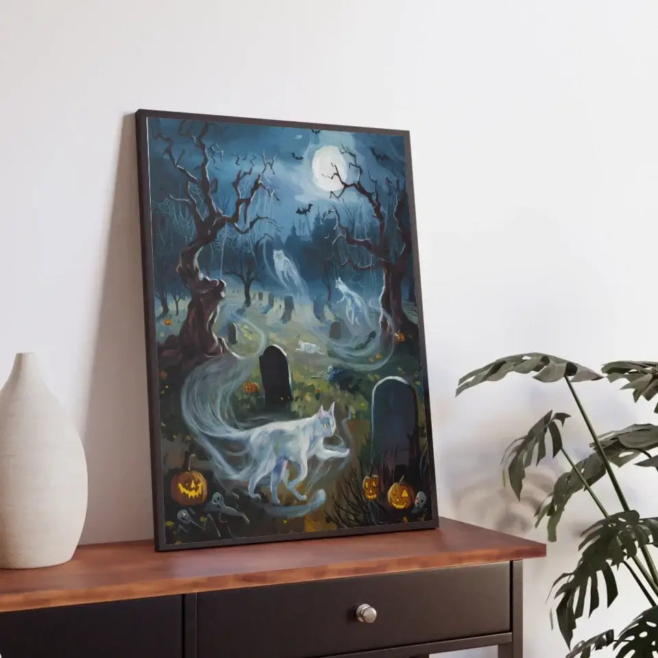 "Ghostly cat framed poster, spectral felines glide through a moonlit graveyard, evoking allure and mystery by Feline Whispers."