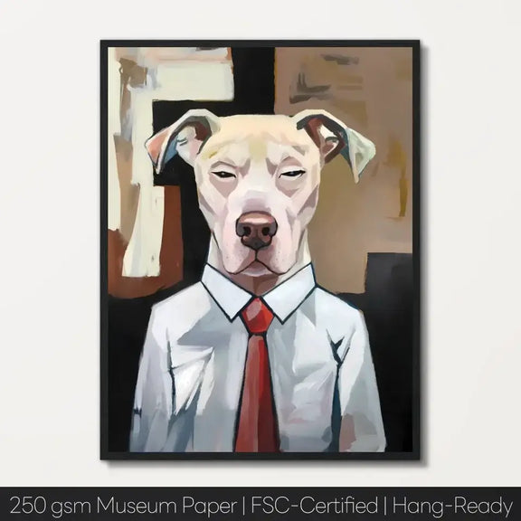 Dog's Journey framed print featuring a dog in a suit, symbolizing work and responsibilities, part of unique Meraki Pet wall art series.