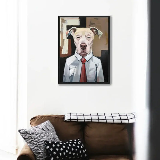 Framed print of a dog in a suit from "Dog's Journey" series, perfect for unique home decor and pet lovers' wall art.