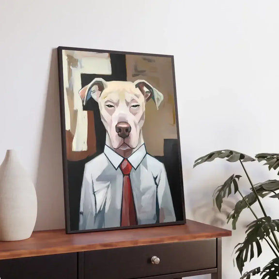 Dog's Journey framed print featuring a dog in a suit, symbolizing life's responsibilities; Meraki Pet's unique dog wall art.