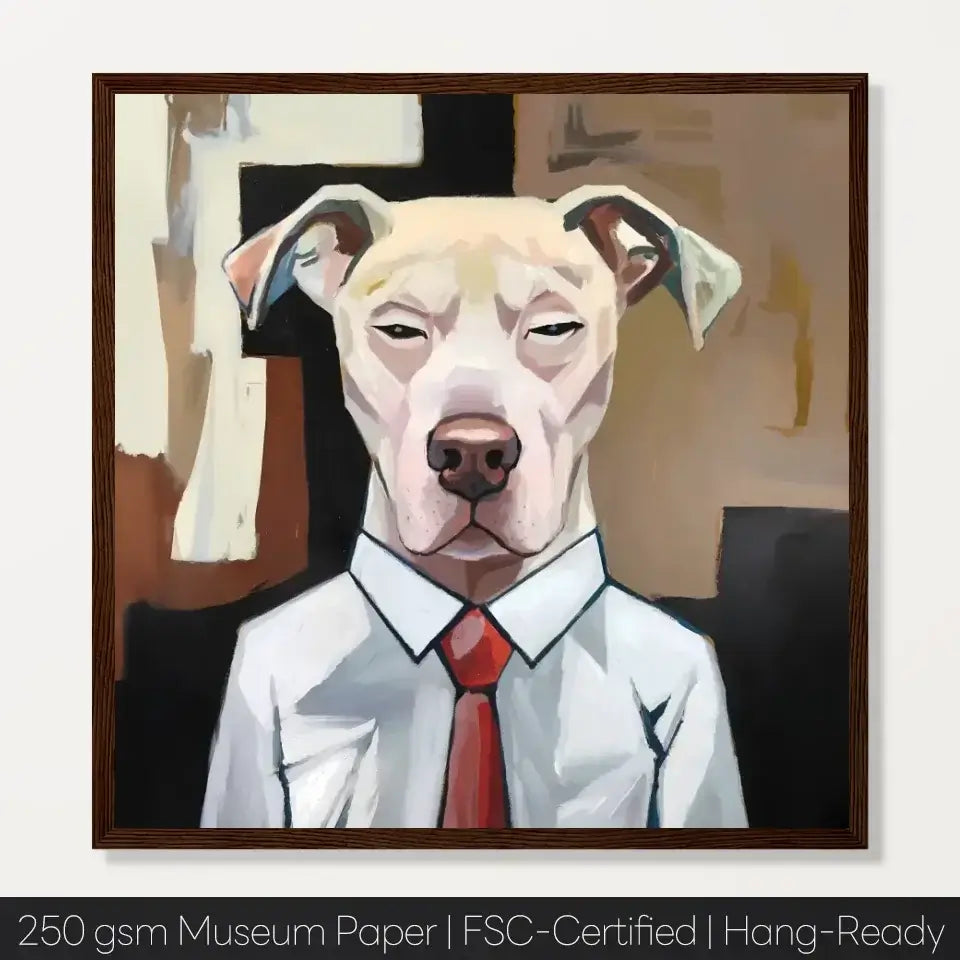 Dog in a suit framed print, part of Dog's Journey series, unique wall art for home decor by Meraki Pet, FSC-certified paper.