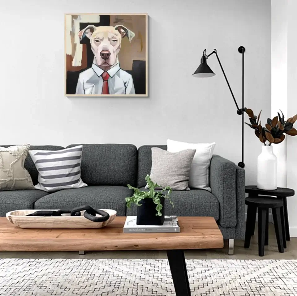 "Dog's Journey Framed Print in modern living room decor, unique dog wall art by Meraki Pet depicting a suited dog symbolizing responsibilities."