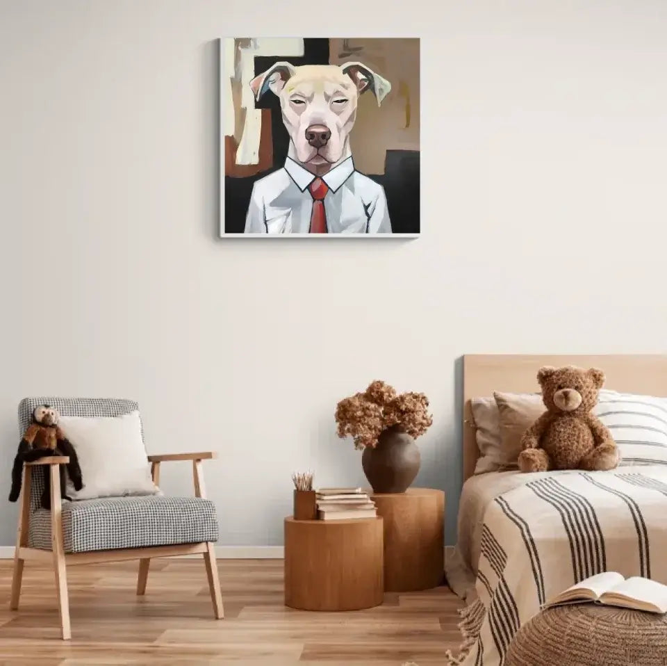 Stylish bedroom with "Dog's Journey" framed print, featuring a suited dog, perfect for unique home decor and pet lovers.