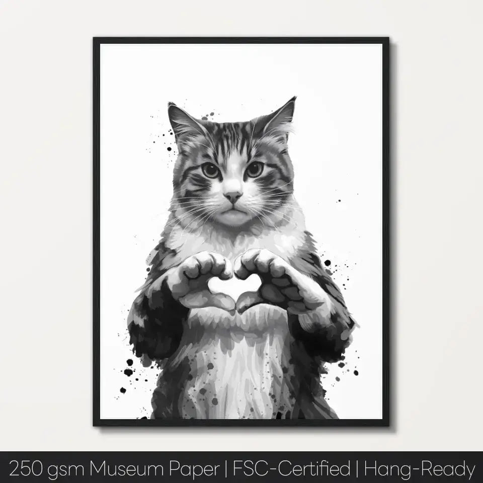 Monochrome art print of a cat forming a heart with its paws, framed and printed on 250 gsm museum paper, ready to hang.