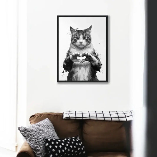 Framed cat art print with a cat forming a heart shape with its paws in a monochrome palette, symbolizing feline affection.