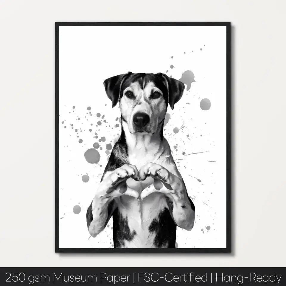 "Canine Love framed print featuring a dog forming a heart with its paws, symbolizing loyalty and affection."