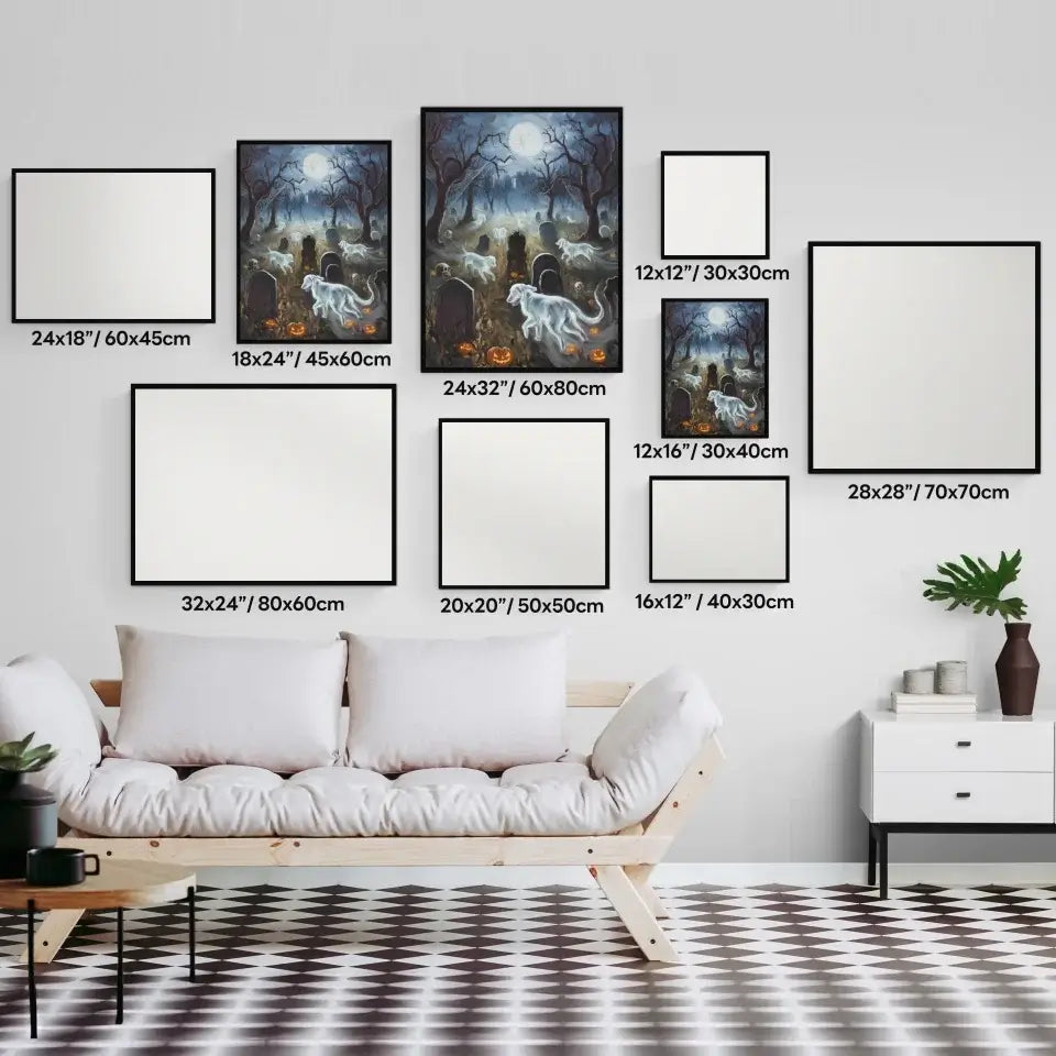 wall gallery with framed Halloween dog poster and multiple blank frames above a modern sofa in a stylish living room