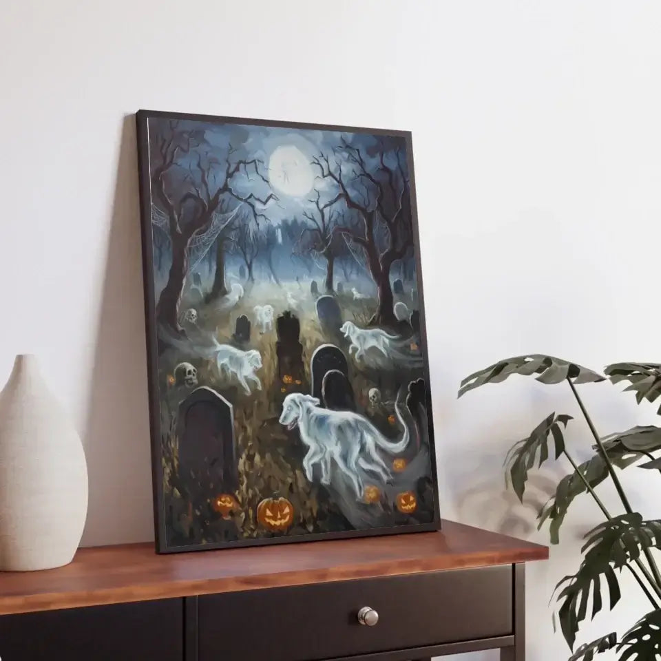 Halloween dog poster with ghostly dogs in a graveyard, full moon, and pumpkins. Haunted art perfect for seasonal decor.