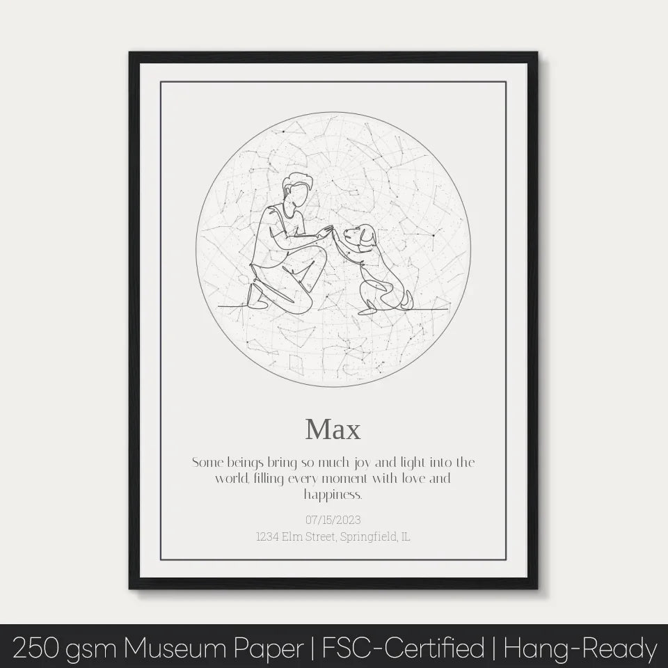 Personalized Dog Loss Star Map commemorating a pet with a night sky on 250 gsm museum paper, FSC-certified, hang-ready.