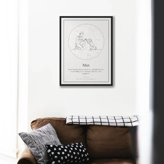 Personalized dog loss star map framed print on wall, honoring a pet's memory and commemorating a cherished bond.