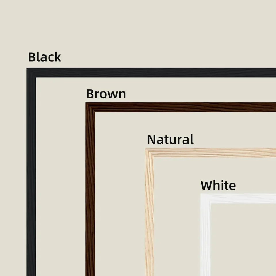 Frame color options for custom cat star map in black, brown, natural, and white.