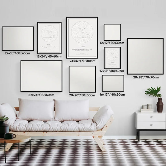 Wall display of framed star maps in various sizes, perfect for personalizing spaces and celebrating special moments with your cat.