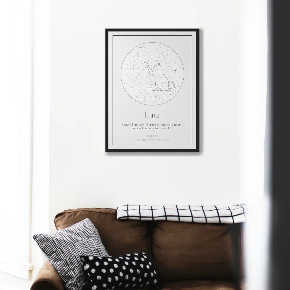 Personalized star map for your cat hanging in a cozy living room, celebrating special moments together.