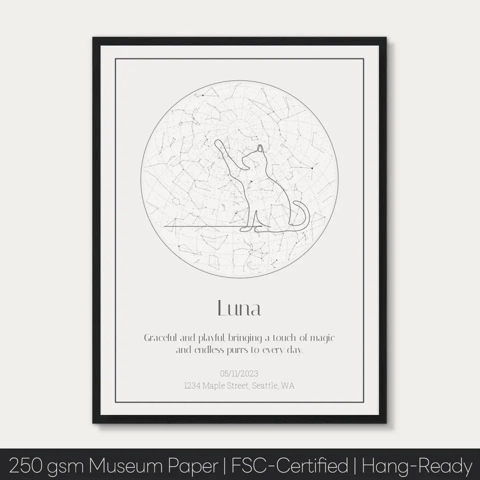 Personalized star map poster for cat, showcasing constellations with a playful cat illustration on FSC-certified museum paper.