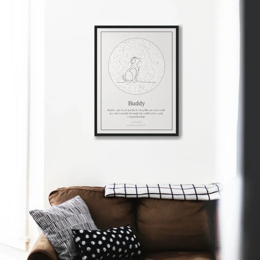 Personalized star map for dogs, featuring constellations and a special message, displayed in a cozy living room setting.