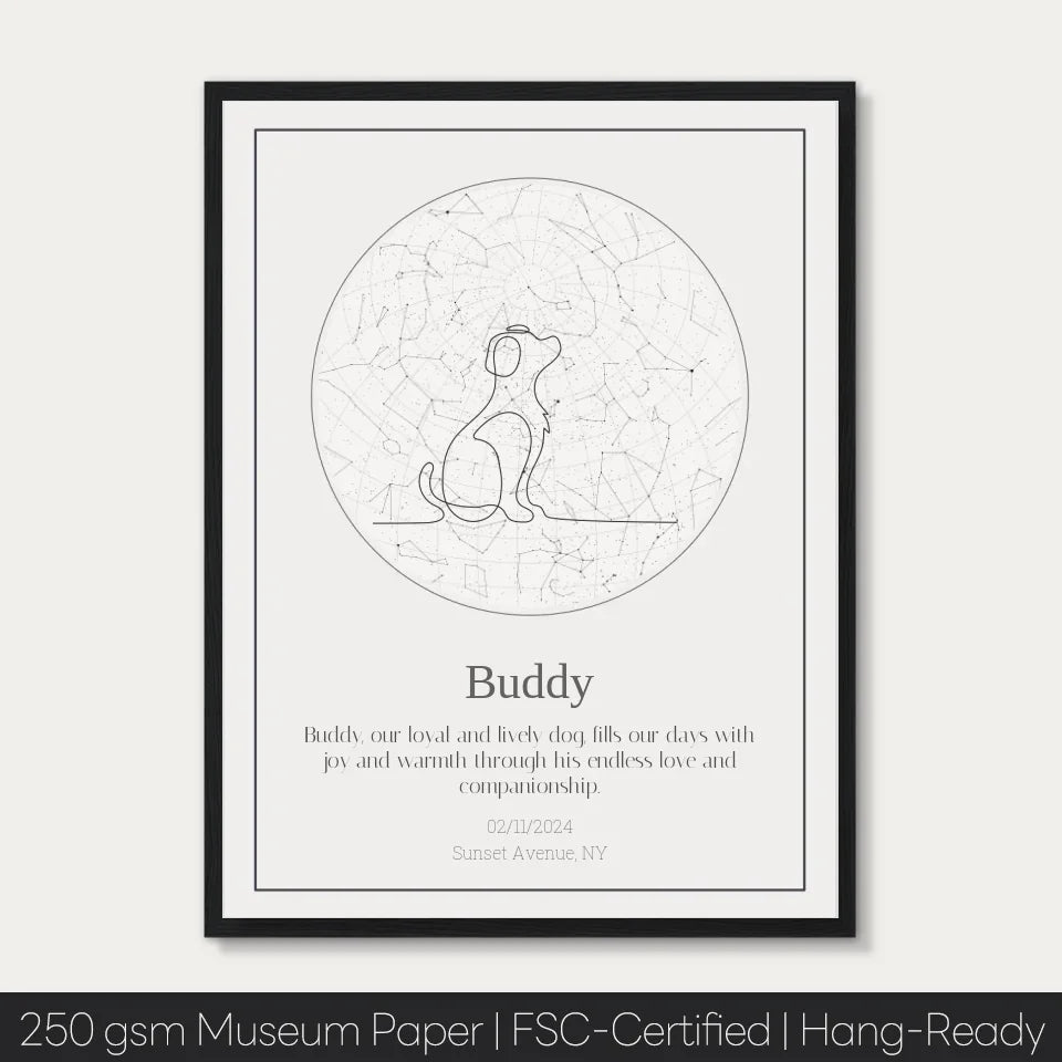 Personalized star map for dogs on museum-quality paper, featuring constellations and a dog illustration, perfect for special moments.