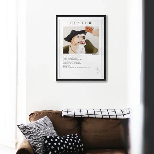 Custom dog name poem frame featuring a photo and personalized poem, displayed above a couch with decorative pillows.