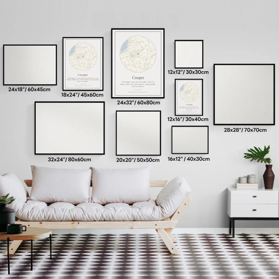 "Personalized dog journey map gifts displayed in various frame sizes on a modern living room wall"