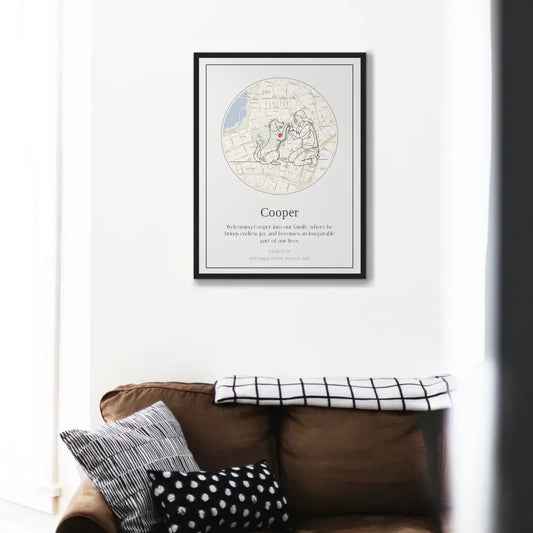 Personalized dog journey map artwork framed above a cozy brown sofa with decorative cushions.