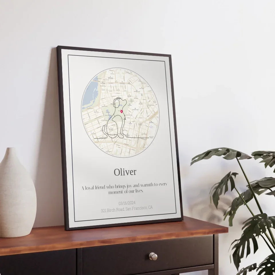 Personalized dog memorial map art with line drawing, framed on a table, honoring beloved pet Oliver with a heartfelt message.