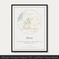 Personalized dog memorial street map with custom line art in a black frame, featuring text and minimalist design.