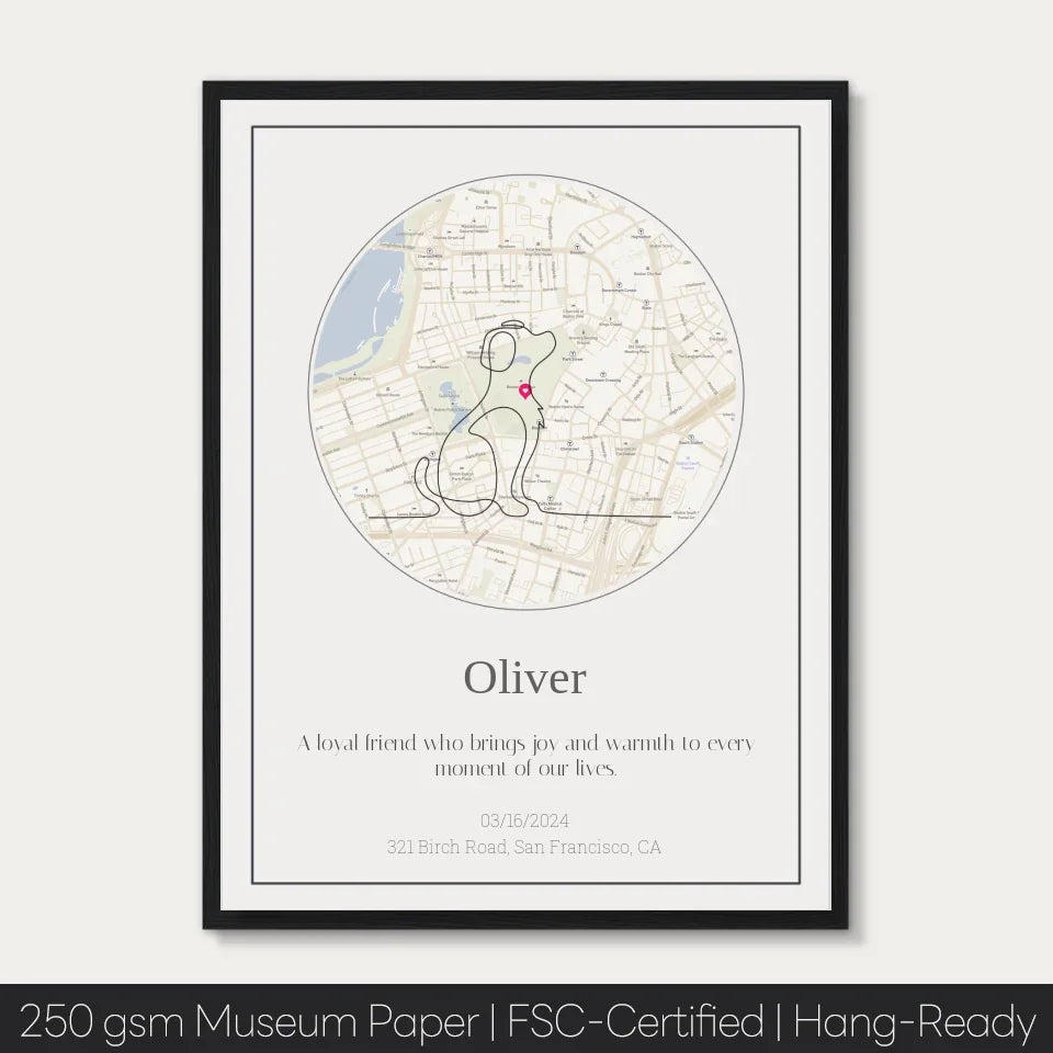 Personalized dog memorial street map with custom line art in a black frame, featuring text and minimalist design.