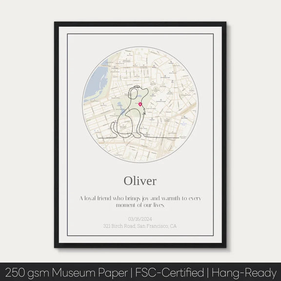 Personalized dog memorial street map with custom line art in a black frame, featuring text and minimalist design.