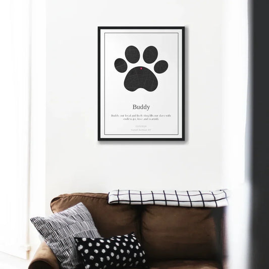 Custom paw print map poster in living room, personalized pet art decor, featuring a unique blend of pet paw and street map design.