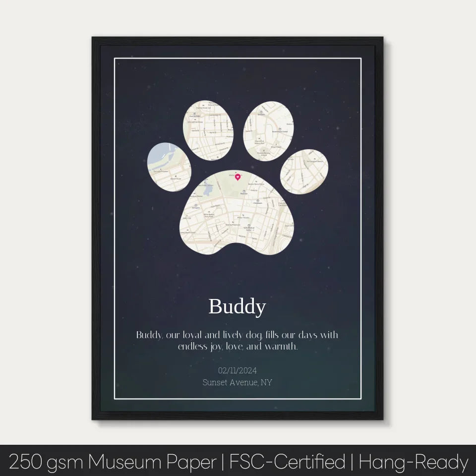 Custom paw print map poster featuring a personalized street map design for a pet named Buddy, showcasing pet journey and unique gift.