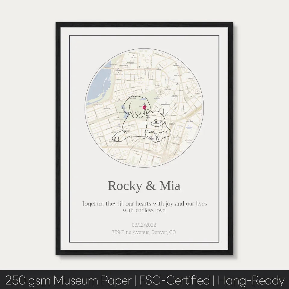 Personalized pet map gift featuring illustrated pets on a custom street map, with text "Rocky & Mia," printed on museum-quality paper.