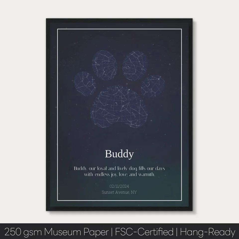 Custom paw print star map memorial for pet, showcasing constellation art and personalized message.