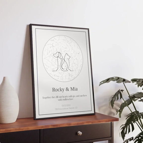 Personalized pet memorial star print framed, featuring custom design with pet names Rocky & Mia, placed on a wooden console table.