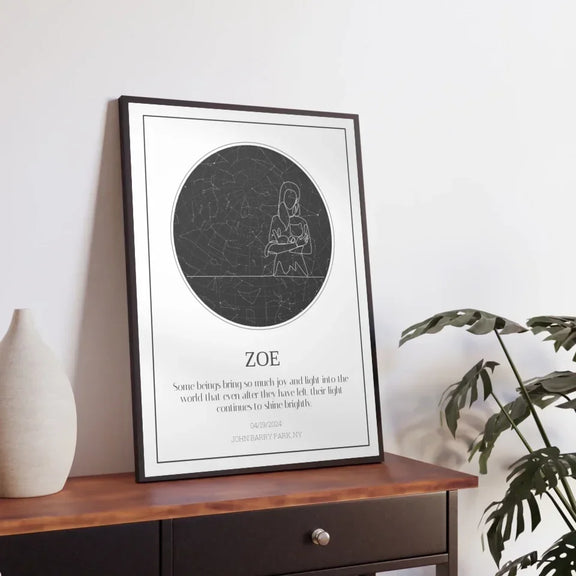 Personalized cat memorial star chart framed on a wooden table, featuring the name Zoe and a heartfelt tribute in a modern interior setting.