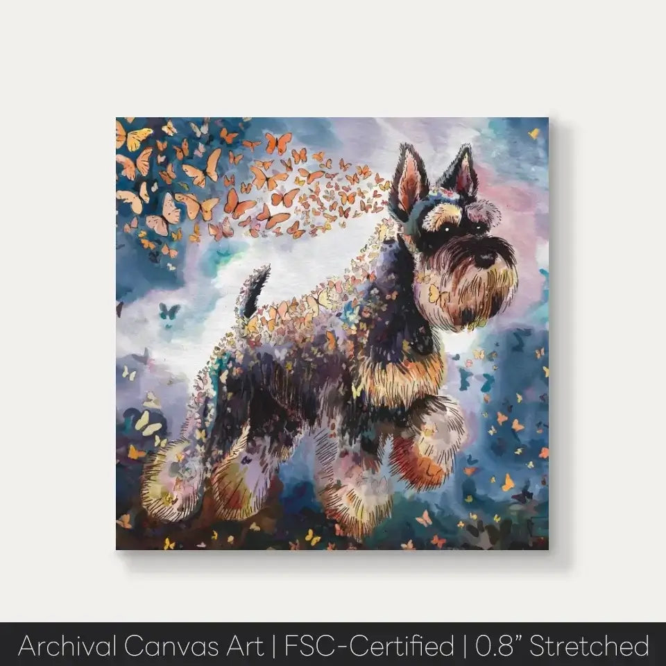 Schnauzer watercolor canvas with butterflies from Wings of Life Series, capturing charm and vitality. Perfect home decor or pet lover gift.