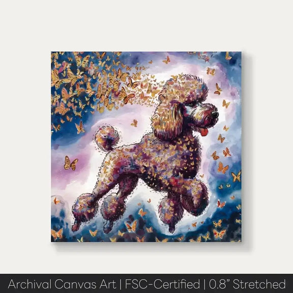 Poodle dog watercolor canvas painting with butterflies, showcasing elegance and playful charm in soft colors from the Wings of Life Series.