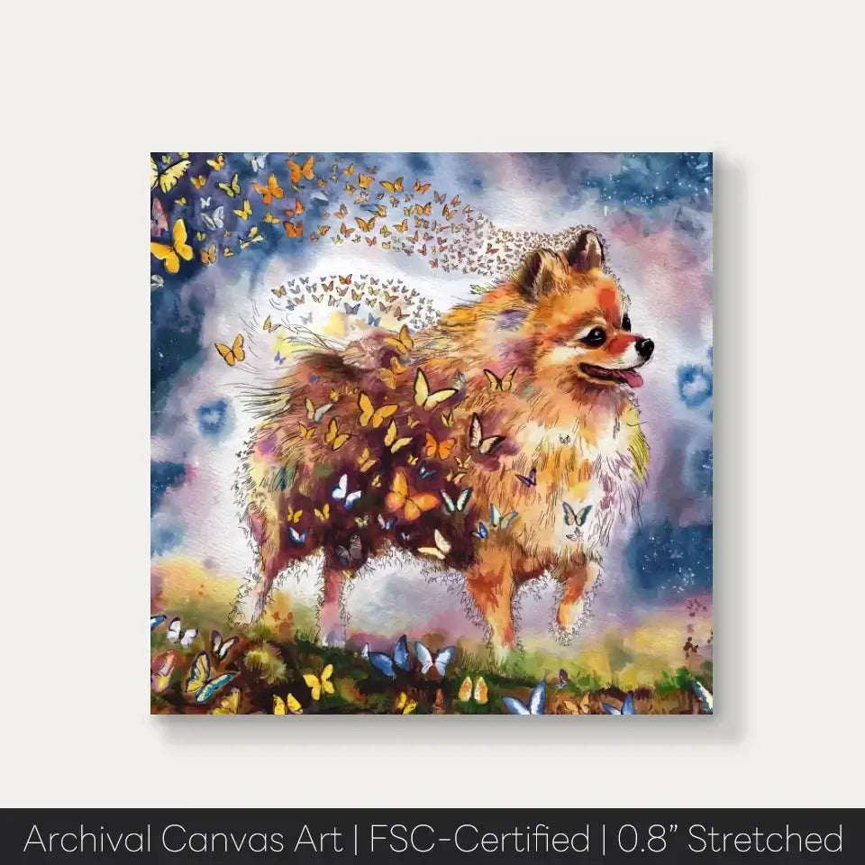 Pomeranian dog with butterflies watercolor painting on canvas, lively and vibrant art from Wings of Life Series, perfect for home decor.