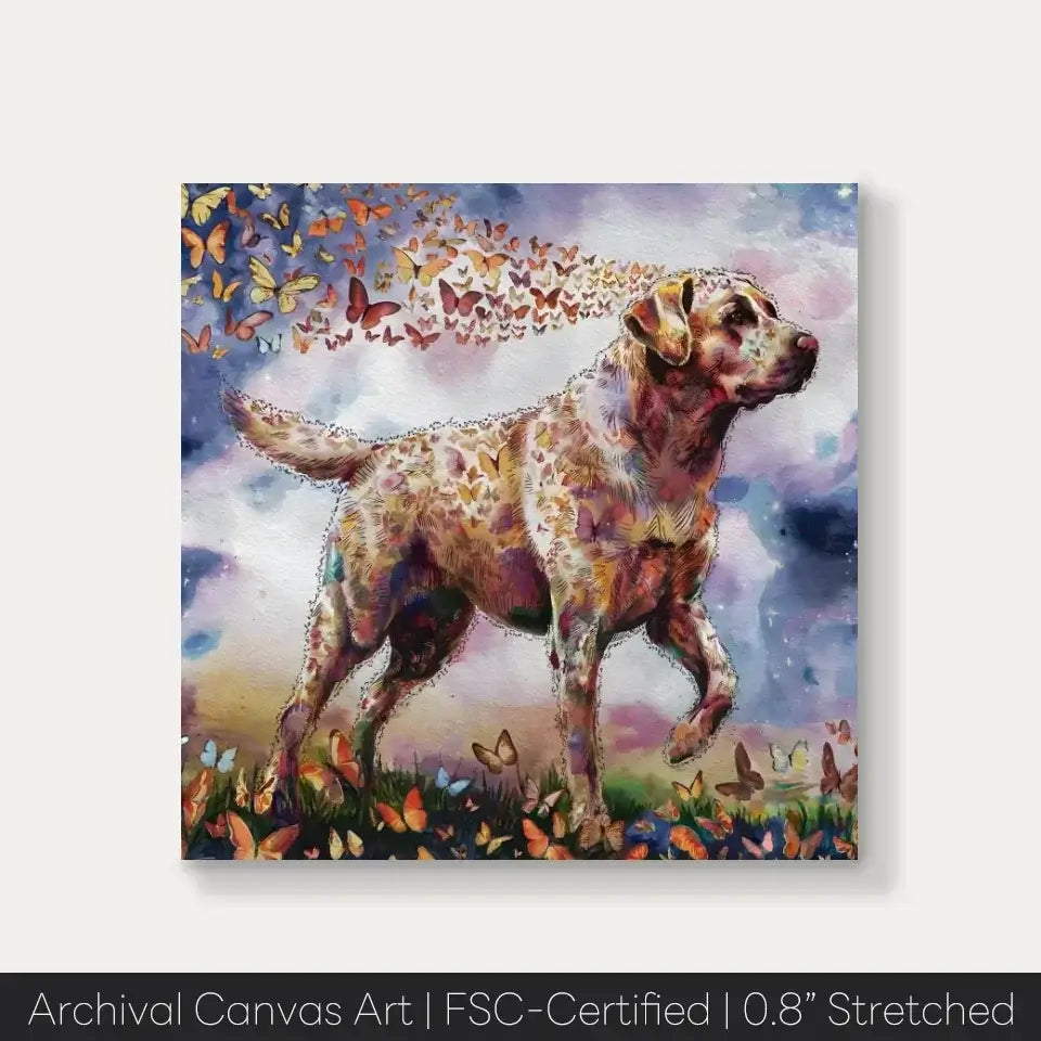 Labrador Retriever watercolor painting with butterflies, showcasing loyalty and charm, perfect for home decor or a personalized gift.