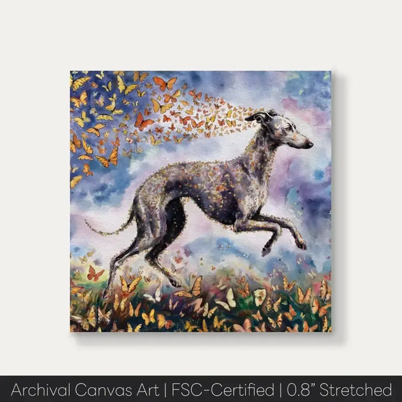 Italian Greyhound watercolor portrait canvas with butterflies from Wings of Life Series, showcasing elegance and agility.