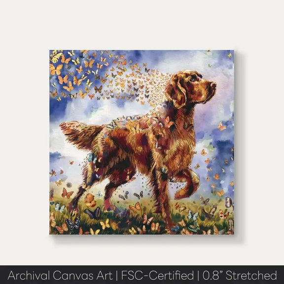 Irish Setter Watercolor Canvas Art with Butterflies from Wings of Life Series, Vibrant Home Decor, Pet Lover Gift.