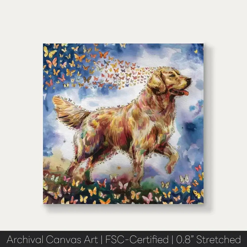 Golden Retriever watercolor canvas with butterflies, symbolizing remembrance and peace in pet memorial art.