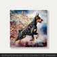 Watercolor Doberman Pinscher art print with butterflies, symbolizing transformation and vitality, from Wings of Life Series.